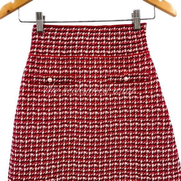 Sandro Tweed Matching Set Two Piece Daniella Crop Top Blandine Skirt Red Pearls - Picture 13 of 15